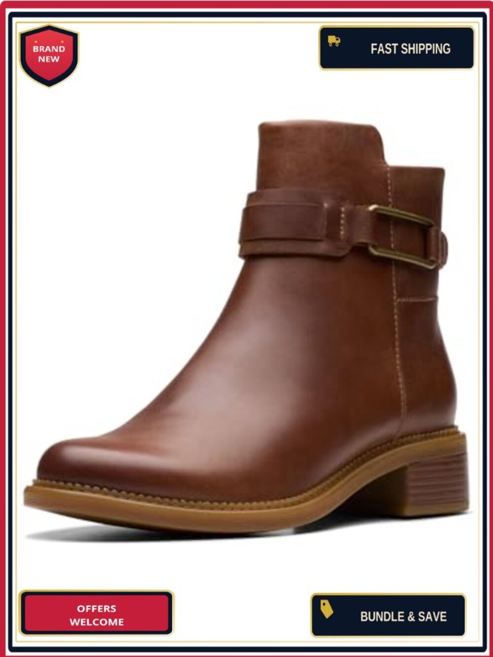 Clarks Women's Ankle Bootie Block Heel Side Zip Cushioned Footbed